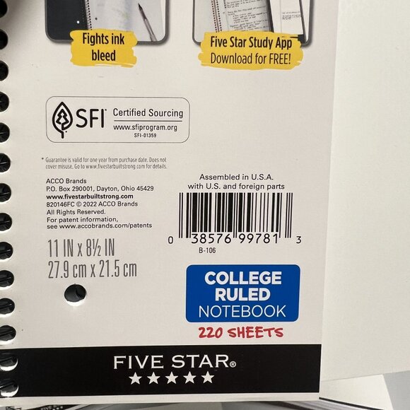 Five Star 5‑Subject College Ruled Spiral Notebook 220 Sheets White Pack of 3 - Picture 4 of 4